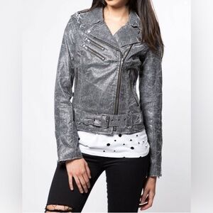 TRIPP NYC Sz M Silver Glitter Metallic Biker Moto Style Jacket Zipper Closure